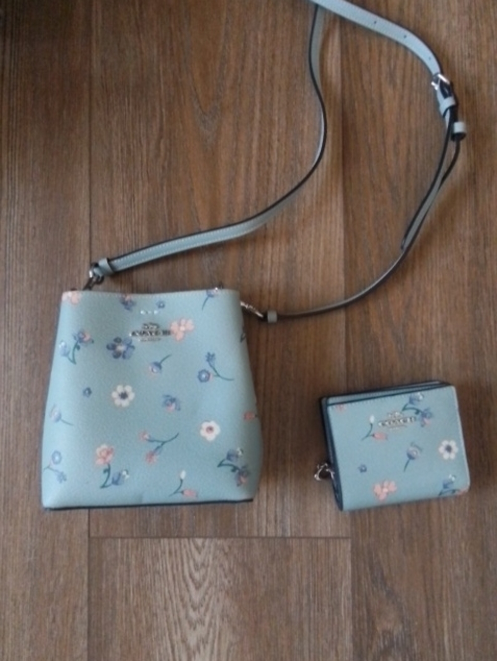 Coach Mini Town Bucket Bag Floral Bow Print Blue & Pink